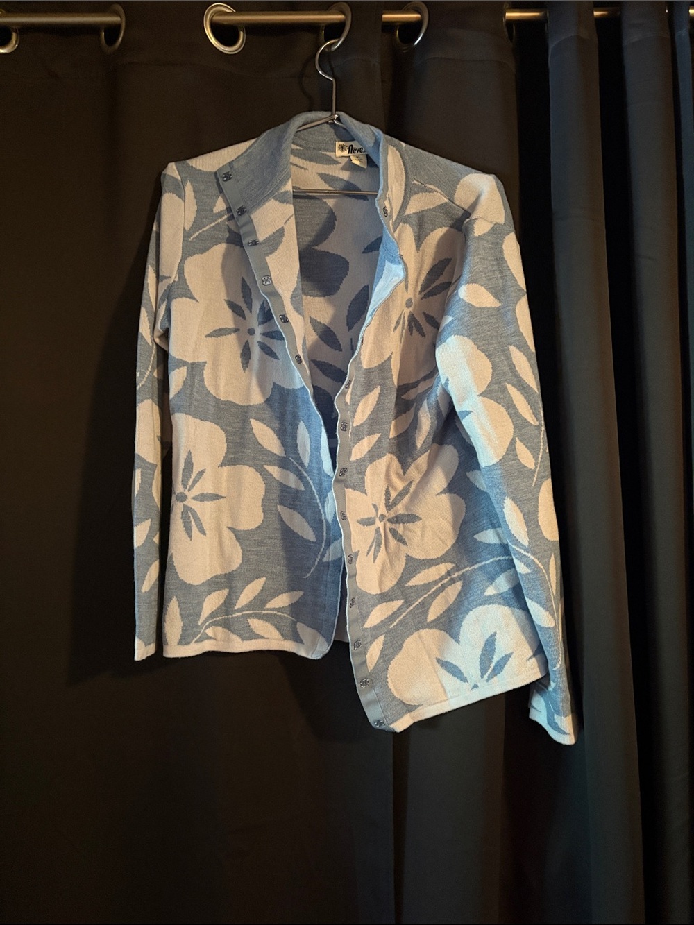 Floral Button-Front Cardigan Sweater in Light Blue and White